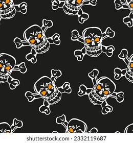 Seamless pattern design with skull bones doodle elements vector illustration on black background. Halloween seamless pattern with skulls.