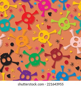 Seamless pattern design with skulls in colors
