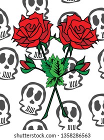 Seamless pattern design with skulls and roses. White background. Vector illustartion