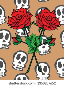 Seamless pattern design. Skulls and roses. Brown background. Modern vector illustartion