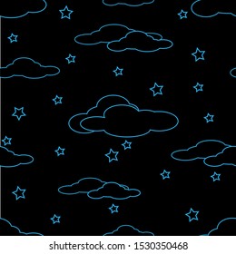 
seamless pattern design of sky and stars with line art, sketches. black background. Wallpaper design and ready to print on fabric.
