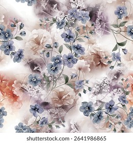 seamless pattern design, small medium and abstract flower arrangement pattern. blue and coklat color mix, for textile print ideas, or background images.
