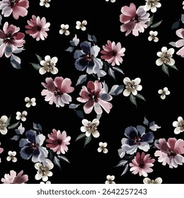 seamless pattern design, small medium comet flower arrangement pattern. red and violet color mix, for textile print ideas, or background images.