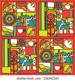  Seamless pattern; design; square;roof; window; kettle; cup; circle;
