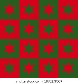 Seamless pattern design of stars in square frame. It’s Christmas theme in red and green, suitable for wrapping paper, wallpaper, fabric and etc.