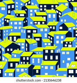 Seamless Pattern Design With Stylized Houses. Blue And Yellow Illustrated Village Houses.