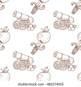 Seamless pattern for design surface Apple with a dagger.