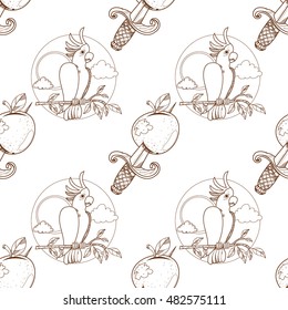 Seamless pattern for design surface Apple with a dagger.