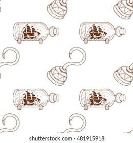 Seamless pattern for design surface Boat with a glass bottle.
