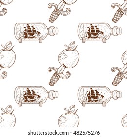Seamless pattern for design surface Boat with a glass bottle.
