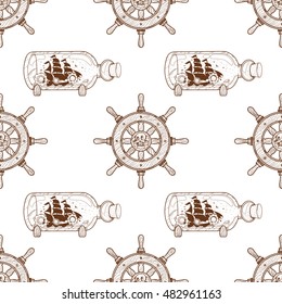 Seamless pattern for design surface Boat with a glass bottle.