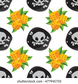 Seamless pattern for design surface Dice with green foliage.
