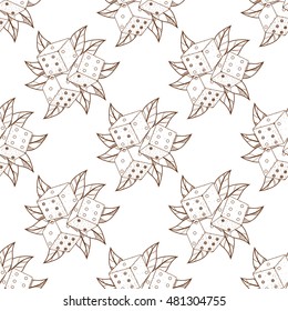 Seamless pattern for design surface Dice with green foliage.