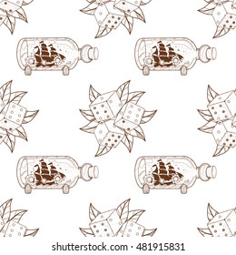 Seamless pattern for design surface Dice with green foliage.