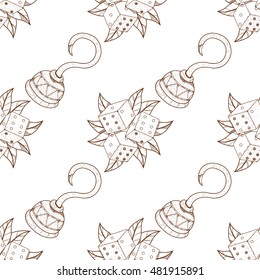 Seamless pattern for design surface Dice with green foliage.