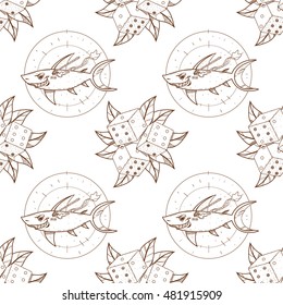 Seamless pattern for design surface Dice with green foliage.