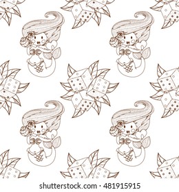 Seamless pattern for design surface Dice with green foliage.