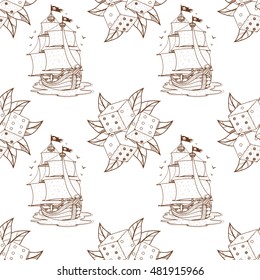 Seamless pattern for design surface Dice with green foliage.