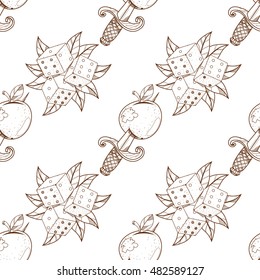 Seamless pattern for design surface Dice with green foliage.
