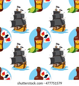 Seamless pattern for design surface on pirate theme. Bottle of rum and playing cards.