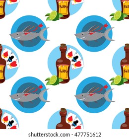 Seamless pattern for design surface on pirate theme. Bottle of rum and playing cards.
