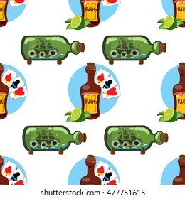 Seamless pattern for design surface on pirate theme. Bottle of rum and playing cards.