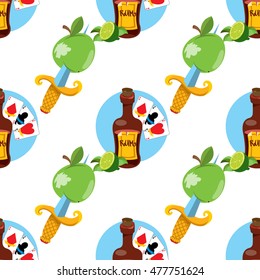 Seamless pattern for design surface on pirate theme. Bottle of rum and playing cards.