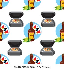 Seamless pattern for design surface on pirate theme. Bottle of rum and playing cards.