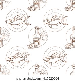 Seamless pattern for design surface on pirate theme. Bottle of rum and playing cards.