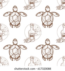 Seamless pattern for design surface on pirate theme. Bottle of rum and playing cards.