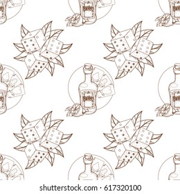 Seamless pattern for design surface on pirate theme. Bottle of rum and playing cards.