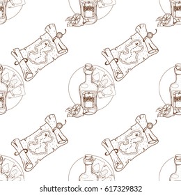 Seamless pattern for design surface on pirate theme. Bottle of rum and playing cards.