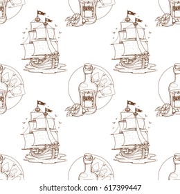 Seamless pattern for design surface on pirate theme. Bottle of rum and playing cards.