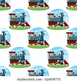 Seamless pattern for design surface with a picture of an old steam locomotive. Railway transport.
