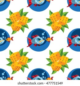 Seamless pattern for design surface Piranha and goldfish.