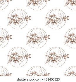 Seamless pattern for design surface Piranha and goldfish.