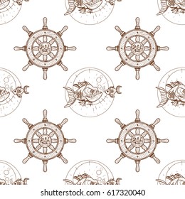 Seamless pattern for design surface Piranha and goldfish.