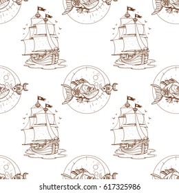 Seamless pattern for design surface Piranha and goldfish.