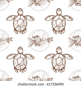 Seamless pattern for design surface Piranha and goldfish.
