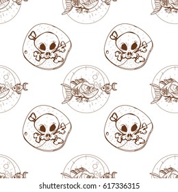 Seamless pattern for design surface Piranha and goldfish.