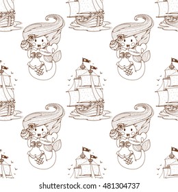 Seamless pattern for design surface Ship with black sails.