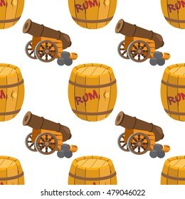 Seamless pattern for design surface Wooden barrel of rum.