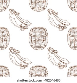 Seamless pattern for design surface Wooden barrel of rum.
