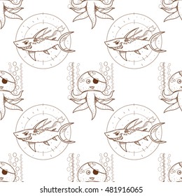 Seamless pattern for design surface Wounded shark.