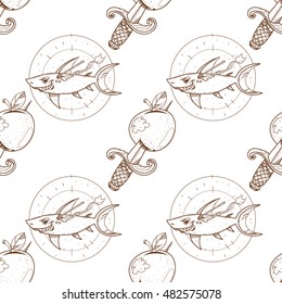 Seamless pattern for design surface Wounded shark.