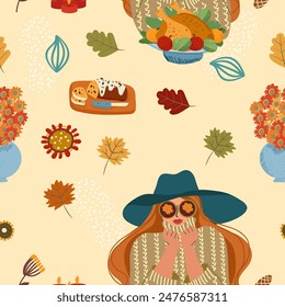 Seamless pattern design for Thanksgiving, fall, girl, lady in glasses, with turkey, cupcake, holiday table, serving, guests. Vector hand drawn illustration.