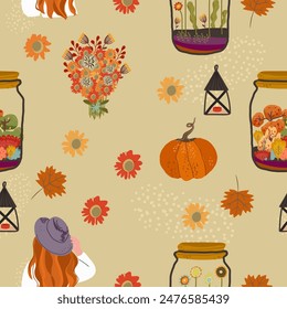 Seamless pattern design for Thanksgiving, with holiday symbols, pumpkin, girl, fall in a jar. Thanksgiving illustration with holiday table. Vector hand drawn illustration.