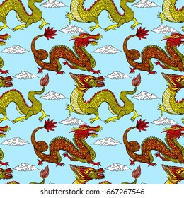 Seamless pattern design Tradition Asian Dragon Illustration. Asia’s Four Little Dragons. 