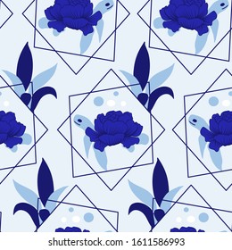 seamless pattern design with turtle and flowers and geometrics, perfect to use on the web or in print