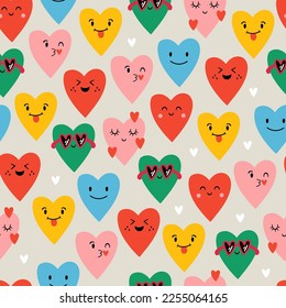 Seamless pattern design for Valentine's day with cute retro heart shapes characters . Childish print for wrapping paper, party invitation and background